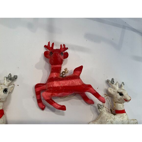 3 vintage plastic Reindeer Ornaments; 2 white and one red; glitter edges - Picture 5 of 8